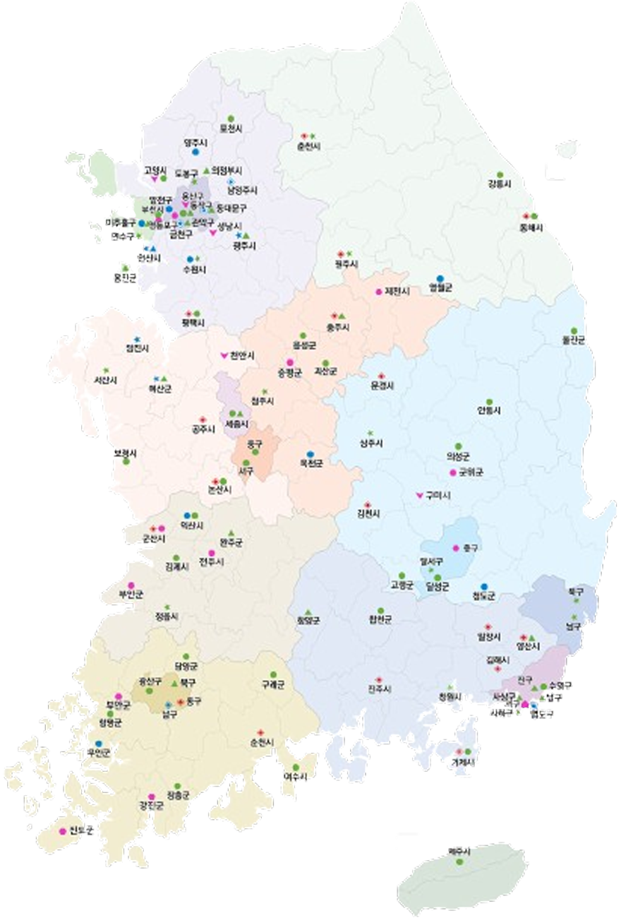 2019년 도시재생사업 선정현황(115곳)에 대한 정보가 그려져있는 지도입니다.