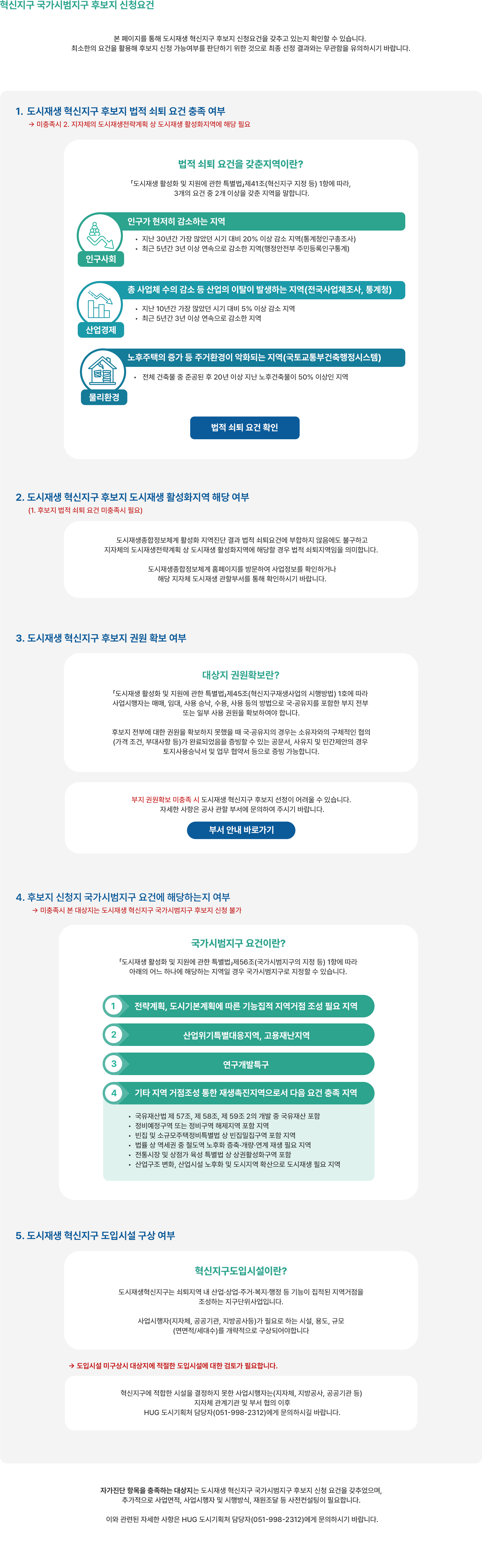 혁신지구 국가시범지구 후보지 신청요건
						본 페이지를 통해 도시재생 혁신지구 후보지 신청요건을 갖추고 있는지 확인할 수 있습니다. 최소한의 요건을 활용해 후보지 신청 가능여부를 판단하기 위한 것으로 최종 선정 결과와는 무관함을 유의하시기 바랍니다
						1. 도시재생 혁신지구 후보지 법적 쇠퇴 요건 충족 여부 미충족시 2. 지자체의 도시재생전략계획 상 도시재생 활성화지역에 해당 필요
						법적 쇠퇴요건을 갖춘 지역이란? 도시재생 활성화 및 지원에 관한 특별법 제41조(혁신지구 지정 등) 1항에 따라, 3개의 요건 중 2개 이상을 갖춘 지역을 말합니다.
						① 인구가 현저히 감소하는 지역은 지난 30년간 가장 많았던 시기 대비 20% 이상 감소 지역(통계청 인구총조사) 또는 최근 5년간 3년 이상 연속으로 감소한 지역(행정안전부 주민등록인구통계)
						② 총 사업체 수의 감소 등 산업의 이탈이 발생하는 지역(전국사업체조사, 통계청)은 지난 10년간 가장 많았던 시기 대비 5% 이상 감소 지역 또는 최근 5년간 3년 이상 연속으로 감소한 지역
						③ 노후주택의 증가 등 주거환경이 악화되는 지역(국토교통부 건축행정시스템)은 전체 건축물 중 준공된 후 20년 이상 지난 노후건축물이 50% 이상인 지역
						2. 도시재생 혁신지구 후보지 도시재생 활성화지역 해당 여부 1. 후보지 법적 쇠퇴 요건 미충족시 필요
						도시재생종합정보체계 활성화 지역진단 결과 법적 쇠퇴요건에 부합하지 않음에도 불구하고 지자체의 도시재생전략계획 상 도시재생 활성화지역에 해당할 경우 법적 쇠퇴지역임을 의미합니다. 
						도시재생종합정보체계 홈페이지를 방문하여 사업정보를 확인하거나 해당 지자체 도시재생 관할부서를 통해 확인하시기 바랍니다
						3. 도시재생 혁신지구 후보지 권원 확보 여부
						대상지 권원확보란? 도시재생 활성화 및 지원에 관한 특별법」제45조(혁신지구재생사업의 시행방법) 1호에 따라 사업시행자는 매매, 임대, 사용 승낙, 수용, 사용 등의 방법으로 국·공유지를 포함한 부지 전부 또는 일부 사용 권원을 확보하여야 합니다.
						후보지 전부에 대한 권원을 확보하지 못했을 때 국·공유지의 경우는 소유자와의 구체적인 협의(가격조건, 부대사항 등)가 완료되었음을 증빙할 수 있는 공문서, 사유지 및 민간제안의 경우 토지사용승낙서 및 업무 협약서 등으로 증빙 가능합니다.
						부지 권원확보 미충족 시 도시재생 혁신지구 후보지 선정이 어려울 수 있습니다. 자세한 사항은 공사 관할 부서에 문의하여 주시기 바랍니다.
						4. 후보지 신청지 국가시범지구 요건에 해당하는지 여부 미충족시 본 대상지는 도시재생 혁신지구 국가시범지구 후보지 신청 불가
						국가시범지구 요건이란? 도시재생 활성화 및 지원에 관한 특별법 제56조(국가시범지구의 지정 등) 1항에 따라 아래의 어느 하나에 해당하는 지역일 경우 국가시범지구로 지정할 수 있습니다.
						① 전략계획, 도시기본계획에 따른 기능집적 지역거점 조성 필요 지역
						② 산업위기특별대응지역, 고용재난지역
						③ 연구개발특구
						④ 기타 지역 거점조성 통한 재생촉진지역으로서 다음 요건 충족 지역 
						첫쨰 국유재산법 제 57조, 제 58조, 제 59조 2의 개발 중 국유재산 포함
						둘째 정비예정구역 또는 정비구역 해제지역 포함 지역
						넷째 빈집 및 소규모주택정비특별법 상 빈집밀집구역 포함 지역
						다섯째 법률 상 역세권 중 철도역 노후화 증축·개량·연계 재생 필요 지역
						여섯째 전통시장 및 상점가 육성 특별법 상 상권활성화구역 포함
						일곱쩨 산업구조 변화, 산업시설 노후화 및 도시지역 확산으로 도시재생 필요 지역
						5. 도시재생 혁신지구 도입시설 구상 여부
						혁신지구 도입시설이란? 도시재생 혁신지구는 쇠퇴지역 내 산업·상업·주거·복지·행정 등 기능이 집적된 지역거점을 조성하는 지구단위사업입니다.
						사업시행자(지자체, 공공기관, 지방공사 등)가 필요로 하는 시설, 용도, 규모 (연면적/세대수)를 개략적으로 구상되어야 합니다.
						도입시설 미구상시 대상지에 적절한 도입시설에 대한 검토가 필요합니다.
						혁신지구에 적합한 시설을 결정하지 못한 사업시행자는(지자체, 지방공사, 공공기관 등) 지자체 관계기관 및 부서 협의 이후 HUG 도시기획처 담당자(051-998-2312)에게 문의하시길 바랍니다.
						자가진단 항목을 충족하는 대상지는 도시재생 혁신지구 국가시범지구 후보지 신청 요건을 갖추었으며, 추가적으로 사업면적, 사업시행자 및 시행방식, 재원조달 등 사전컨설팅이 필요합니다. 이와 관련된 자세한 사항은 HUG 도시기획처 담당자(051-998-2312)에게 문의하시기 바랍니다