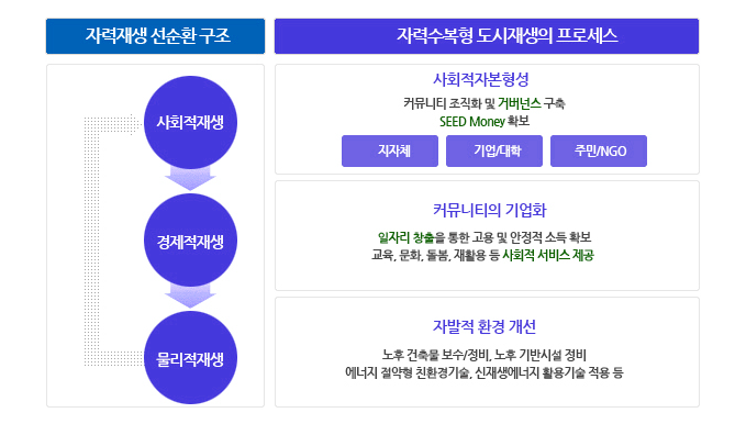 자력 재생 선순환구조는 사회적재생, 경제적 재생, 물리적 재생이라는 단계별 추진전략을 따르는 것을 원칙으로 한다..
																							자력수복형 도시재생의 프로세스는 지자체, 기업/대학, 주민/NGO로 커뮤니티 조직화 및 거버넌스 구축과 SEED Money확보의 업무를 하는 사회적자본형성, 일자리 창출을 통한 고용 및 안정적 소득 확보와 교육, 문화, 돌봄, 재활용 등 사회적 서비스 제공 업무를 하는 커뮤니티의 기업화, 노후 건축물 보수/정비, 노후 기발시설 정비와 에너지 절약형 친환경기술, 신재생에너지 활용기술 적용 등의 업무를 하는 자발적 환경 개선이 있다.